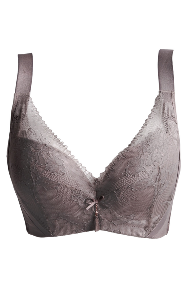 Front view of beige floral lace full coverage contour bra with soft underwire and cotton lining