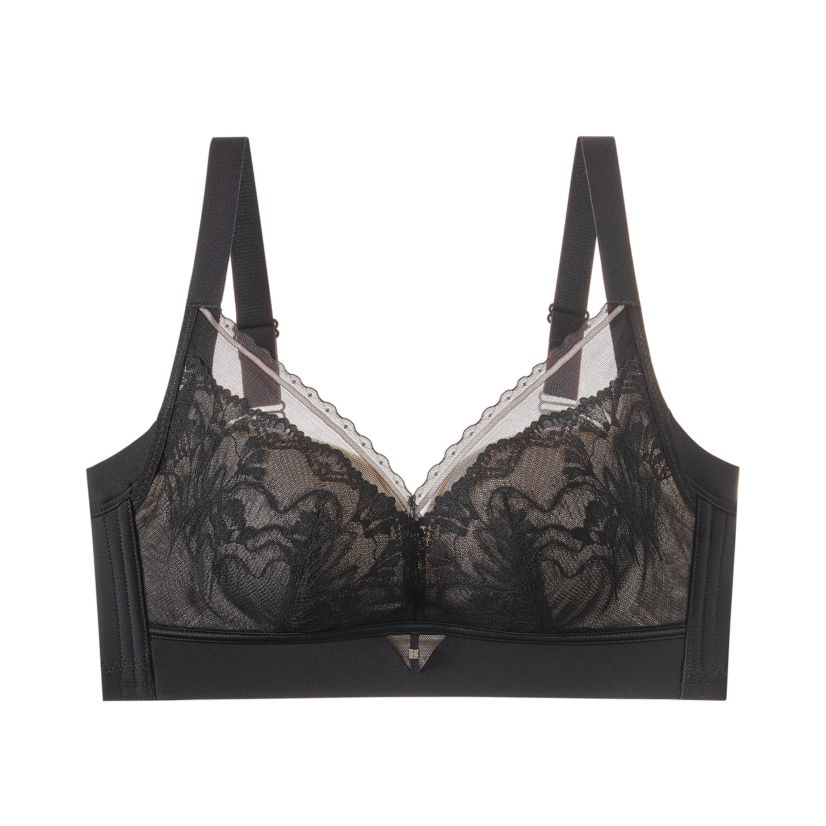 Angled view of green silk-lined wireless contour bra showcasing seamless molded cups