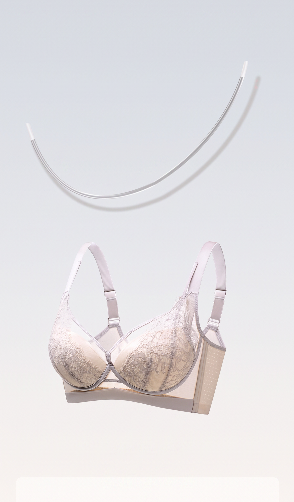 Soft memory underwire shown beside the bra, illustrating the flexible wire.