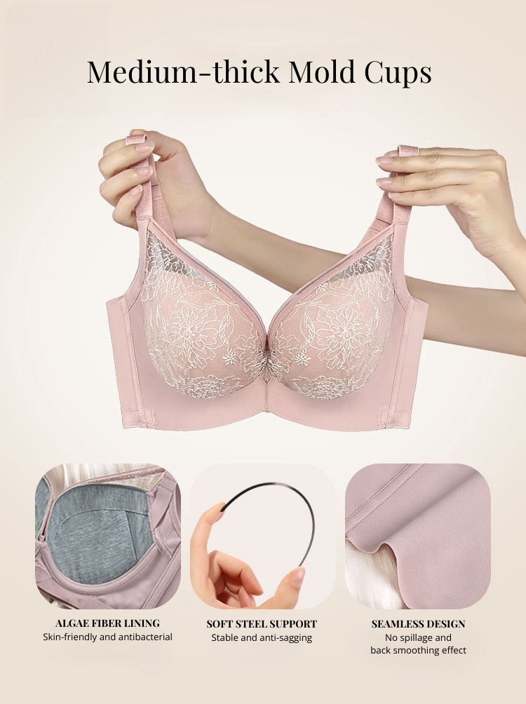Close-up view of a pink floral embroidered lace bra with medium-thick molded cups. The image highlights key features, including algae fiber lining for skin-friendly and antibacterial properties, soft steel support for stability and anti-sagging, and a seamless design for no spillage and back smoothing effect.