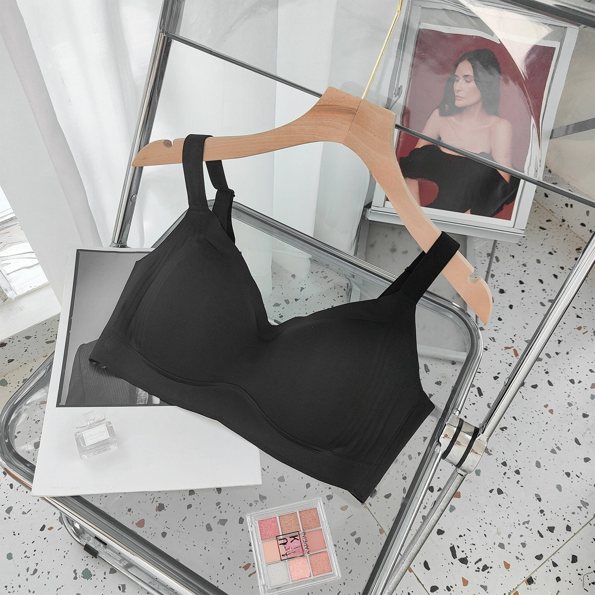 Front view of pink seamless wireless contour bra with invisible under-clothing design