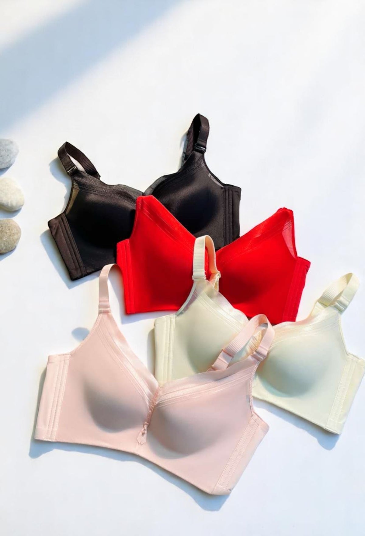 Front view of beige seamless strapless contour bra tank in soft bamboo fabric