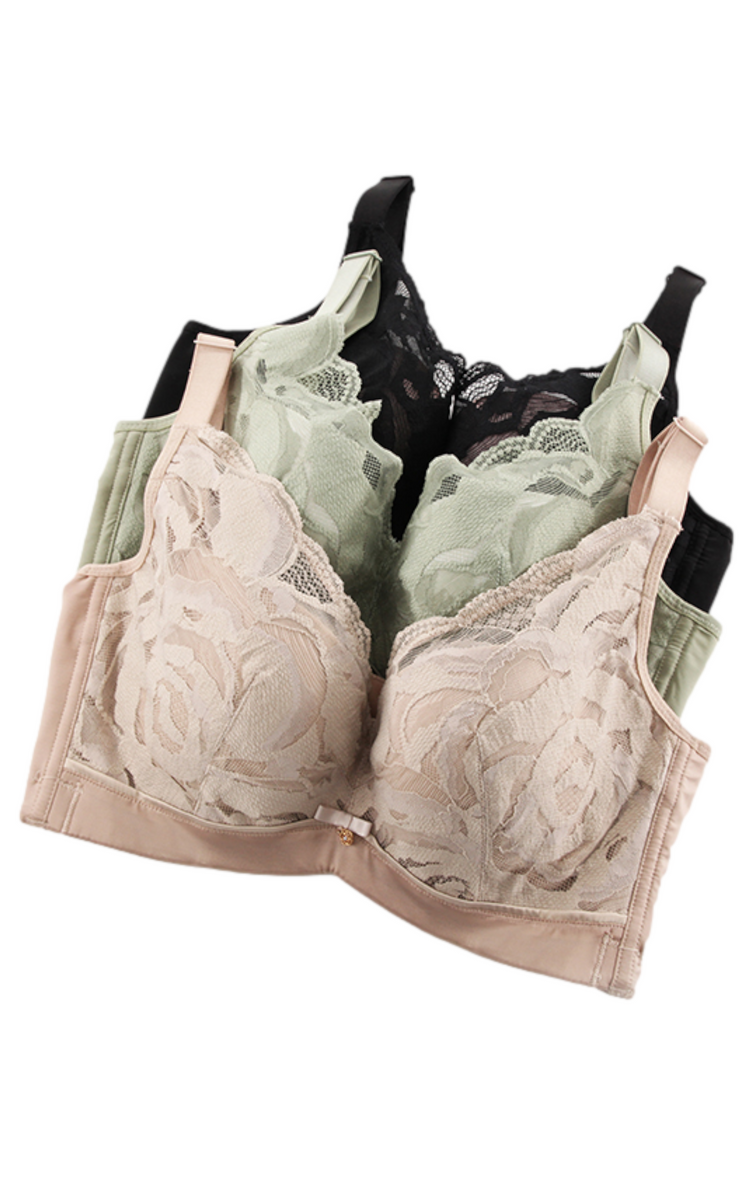 Assortment of Bradoria Lovely Floral Lace Soft Memory Underwire Minimizer Bras in various colors, displayed in a flat lay stack.