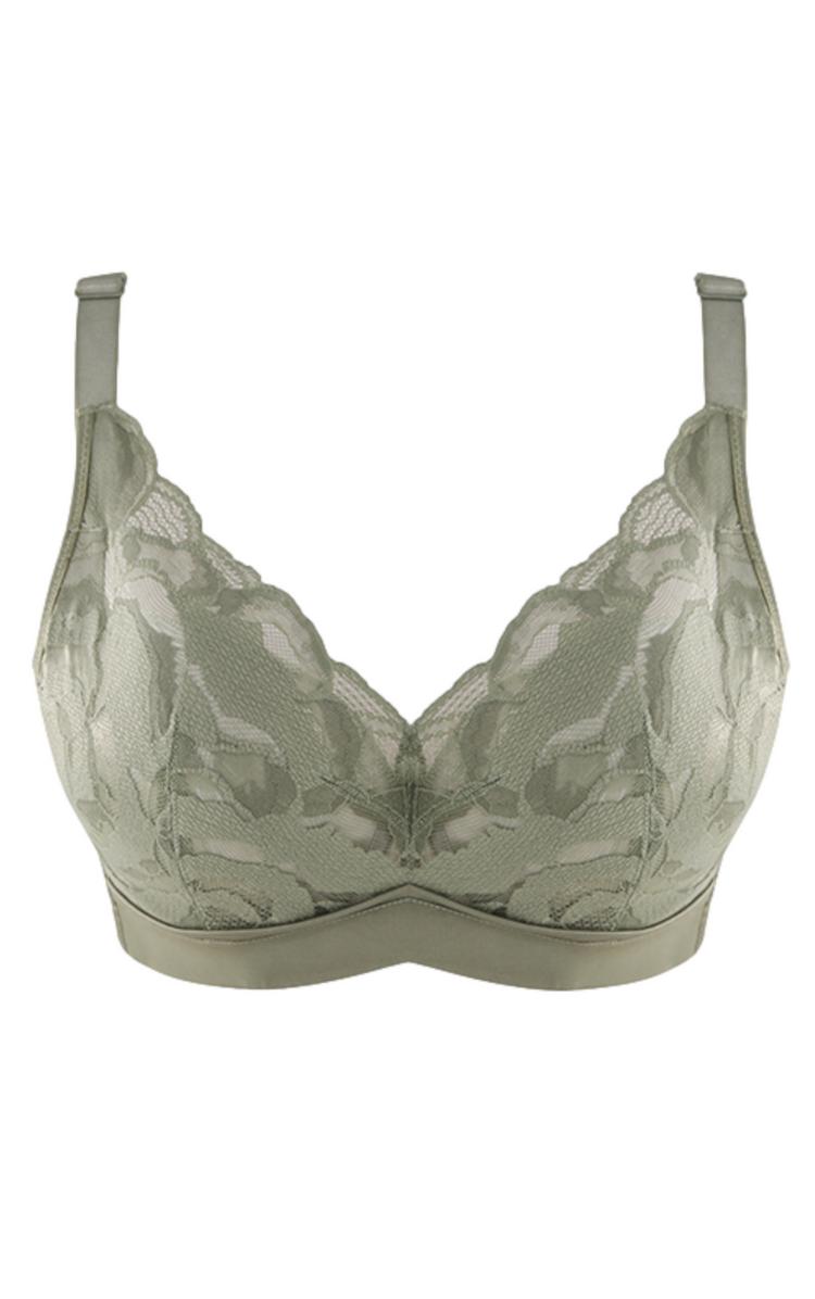 Green Bradoria Lovely Floral Lace Minimizer Bra with memory underwire, offering soft cups and wide straps for comfort and shaping.