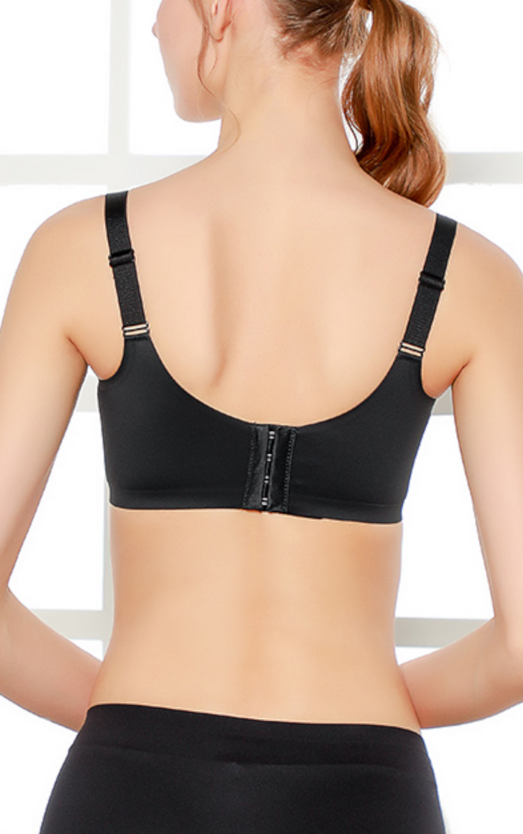 Back view of the black push-up bra, showing adjustable straps and sidebands for back smoothing.