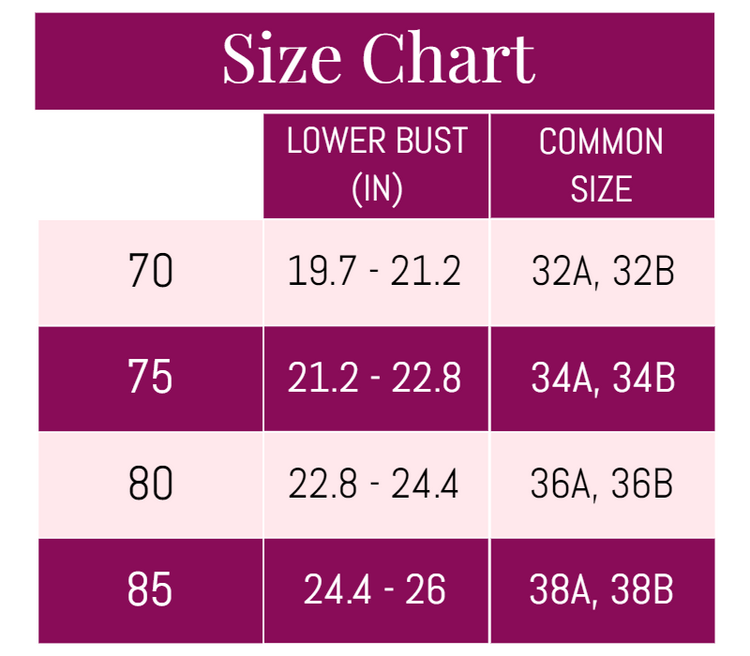 Detailed size chart for Elegant Lace Full Coverage Push-Up Bra, listing measurements for various sizes to assist with accurate fitting.