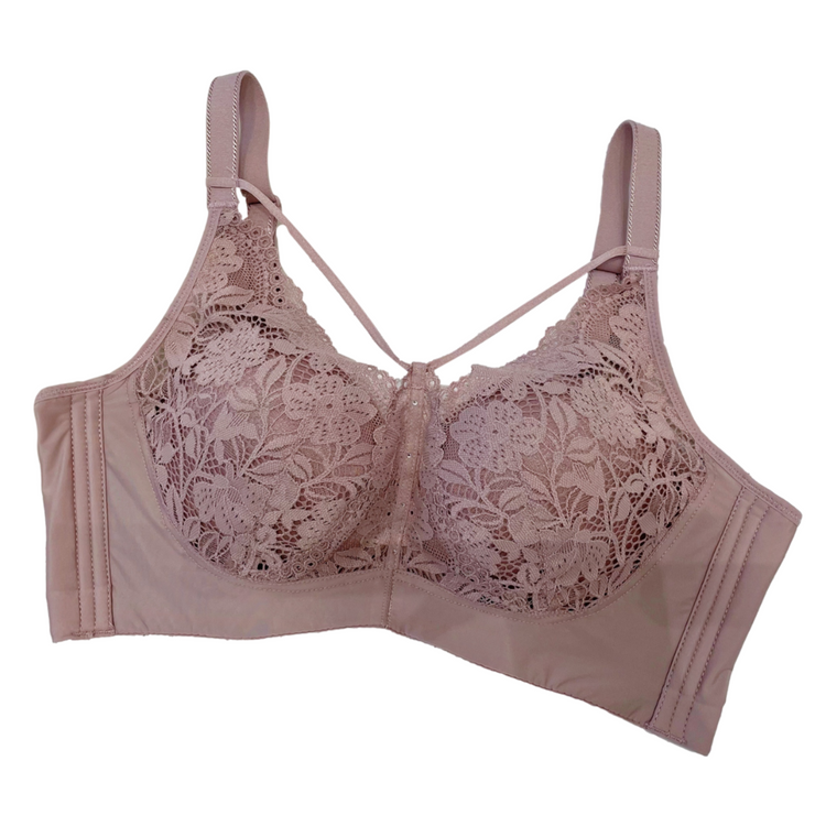 Flat lay image of a full-coverage floral lace push-up bra in pink with wide adjustable straps and floral lace detailing.