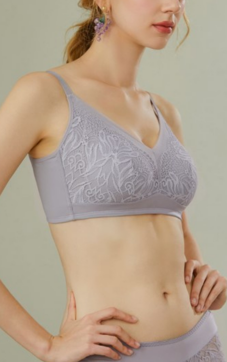 Side view of a woman wearing a grey lace wireless bra, highlighting the side-smoothing and supportive features.