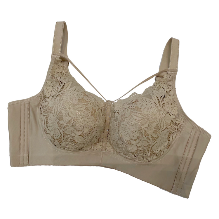 Flat lay image of a full-coverage floral lace push-up bra in beige, featuring intricate floral lace design and wide, supportive straps.