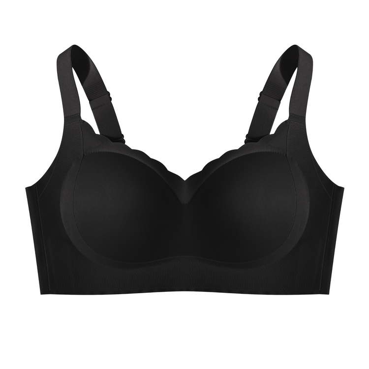 A black wireless bra on a plain background, emphasizing the sleek design and full coverage.