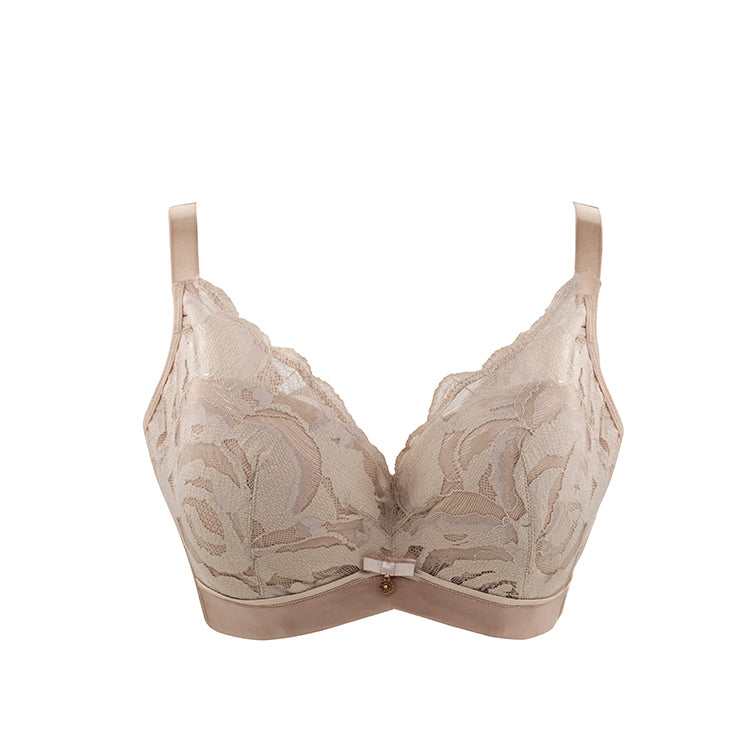 Beige Bradoria Lovely Floral Lace Minimizer Bra featuring a memory underwire, thin molded cups, and wide back-smoothing sidebands.