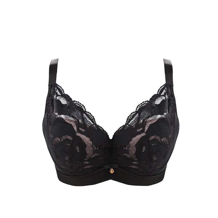 Black Bradoria Lovely Floral Lace Minimizer Bra with a soft underwire design and intricate lace detail for support and style.