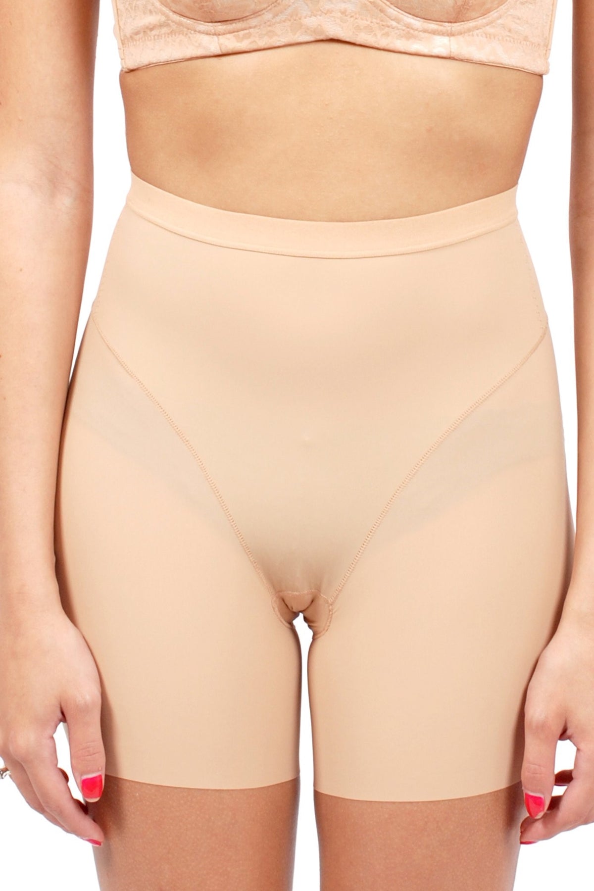Side view of black butt lifter shapewear shorts showing thigh-slimming and hip-shaping compression