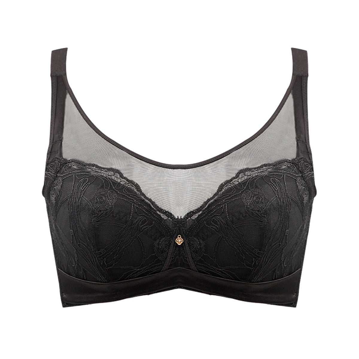 Front view of red embroidery lace full cup wireless contour bra with chic lace detail