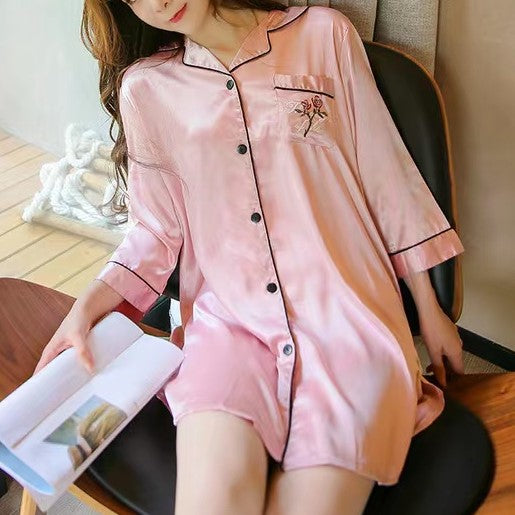 Comfy Rose Embroidery Silk Pajama Dress #70520