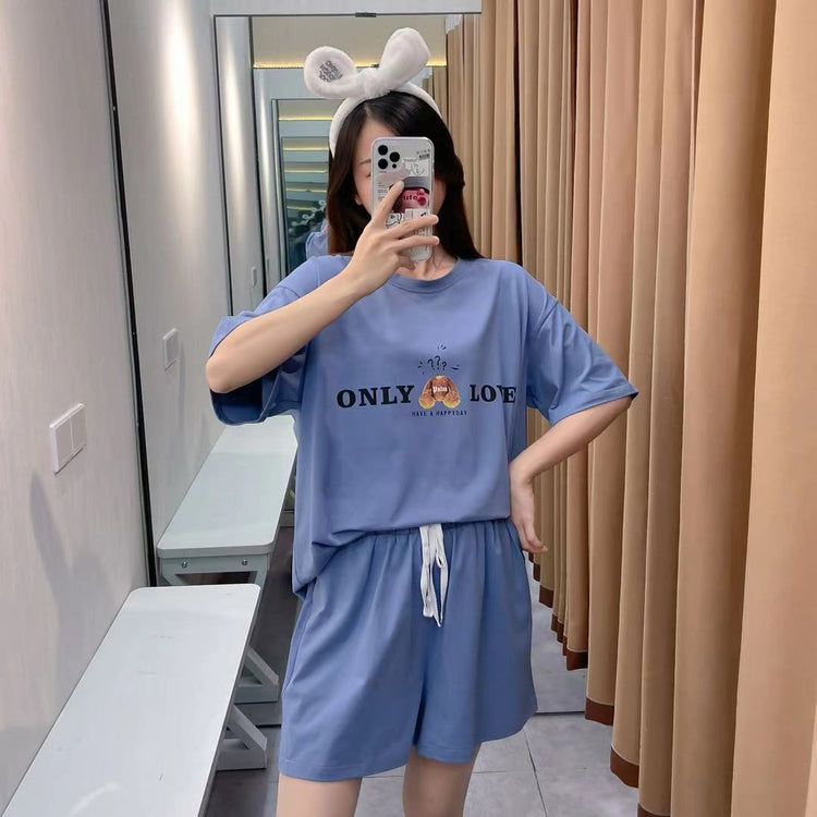 Cute Oversized Short Sleeves Monochrome Pajama Set #72193