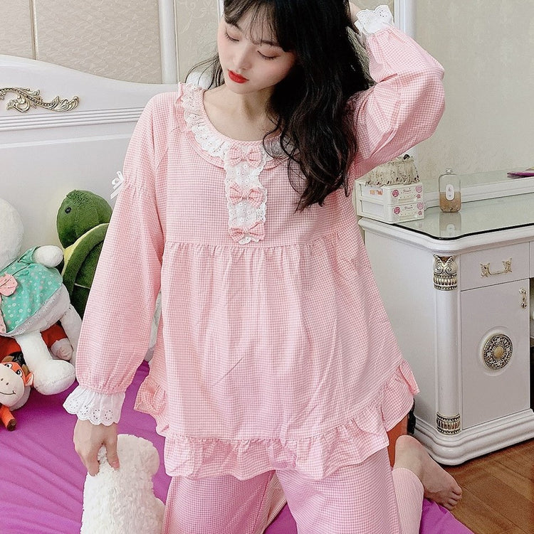 Cotton Pajamas - Checkered Baby Doll Long Sleeve Pajamas #73496