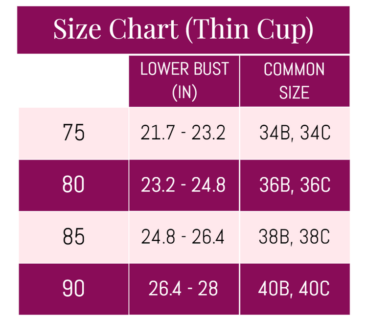 Size chart for the Chic Lace Wireless Push-up Bra, thin cup sizes from A to C.